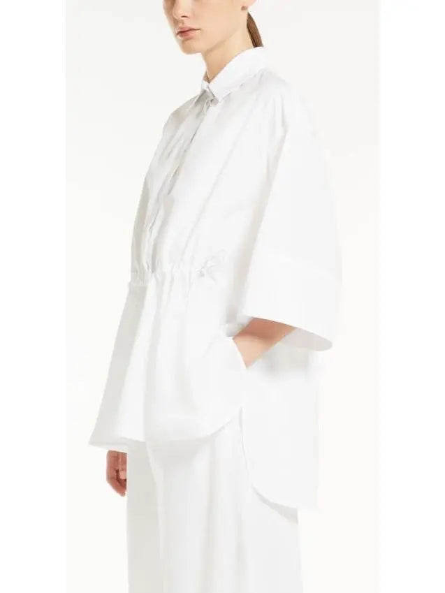 Loose-Fitting Cotton Poplin Shirt with Drawstring Waist in White - Branna Couture