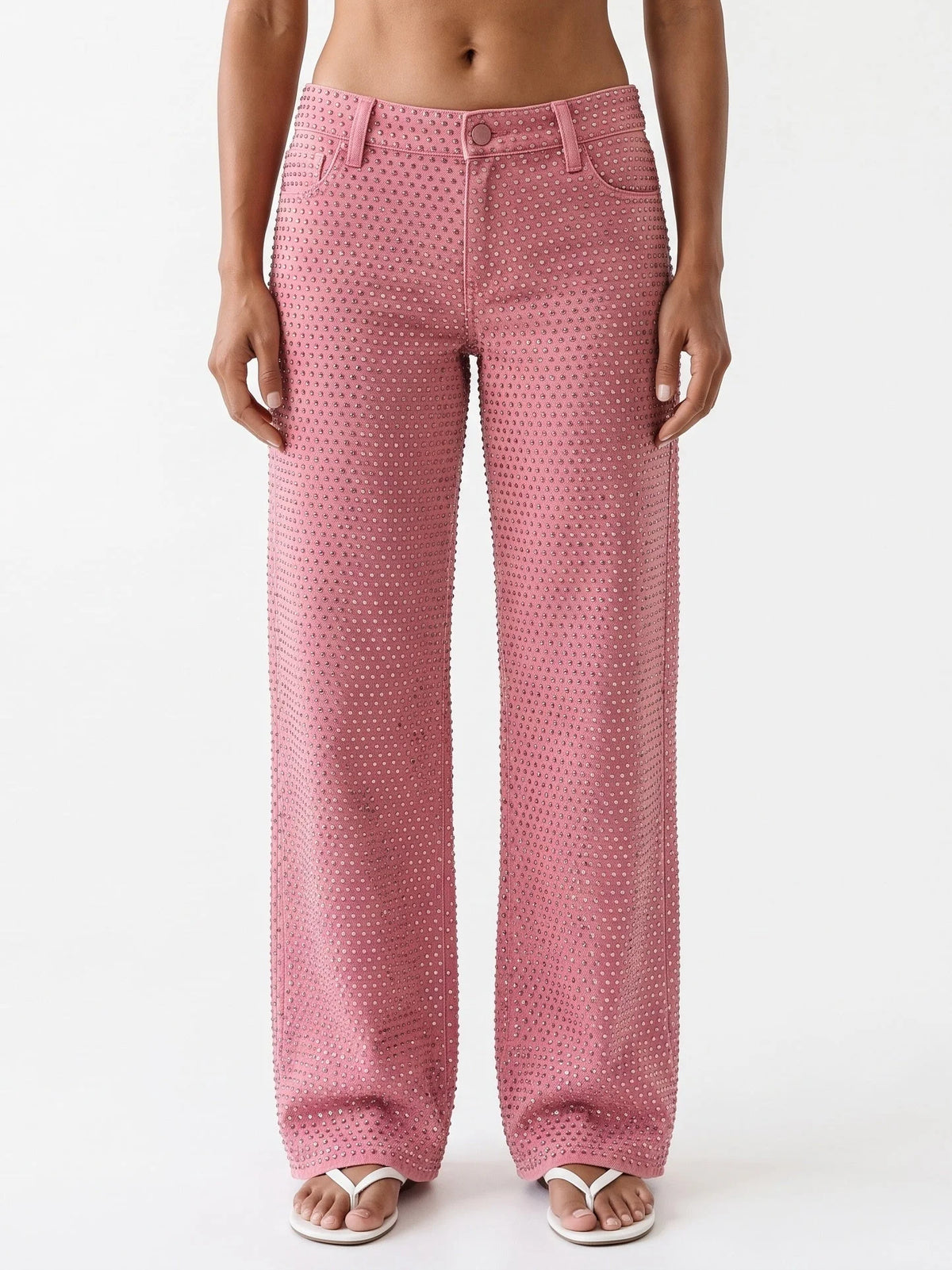 Low Rise Pink Crystal Embellished Wide Leg Jeans - 24 - Jeans & Pants