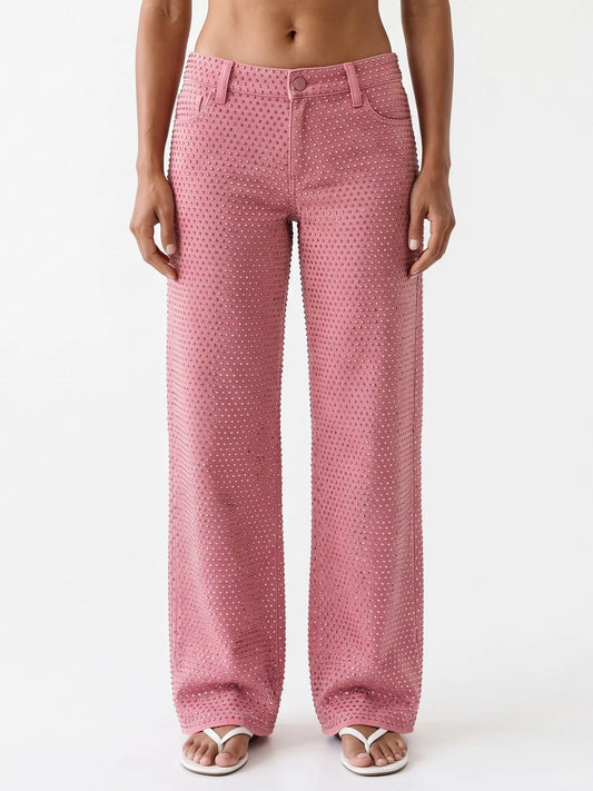 Low Rise Pink Crystal Embellished Wide Leg Jeans - 24 - Jeans & Pants