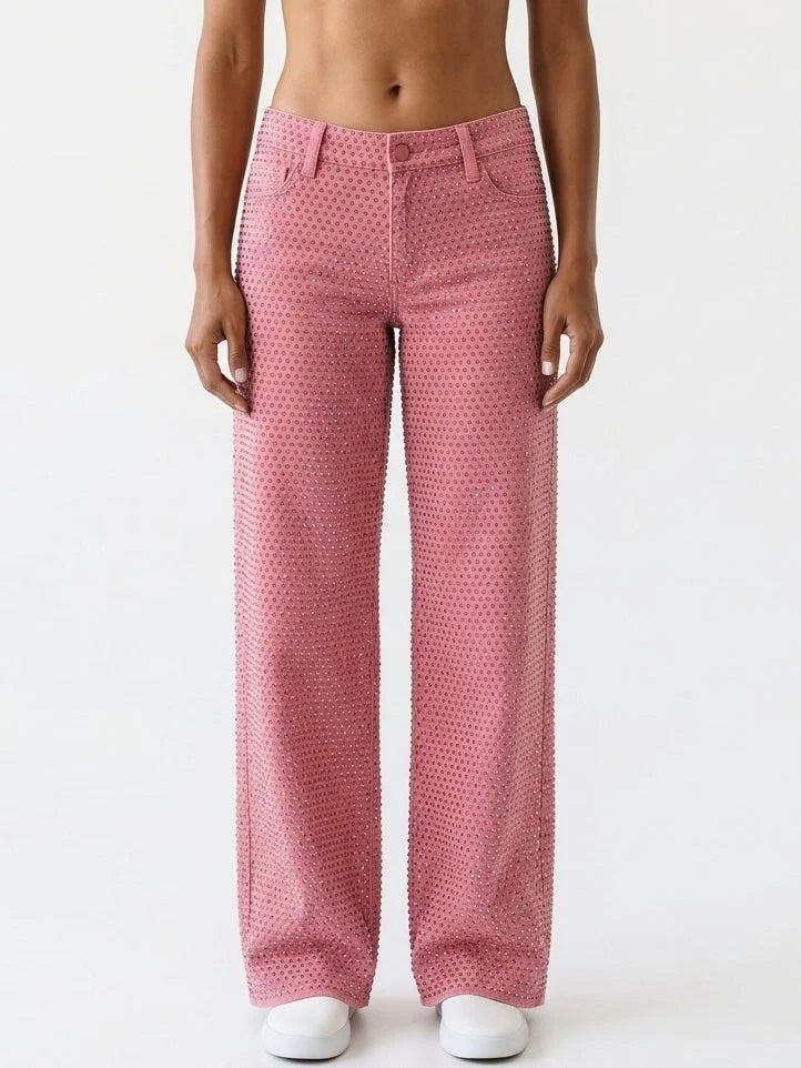 Low Rise Pink Crystal Embellished Wide Leg Jeans - Jeans & Pants