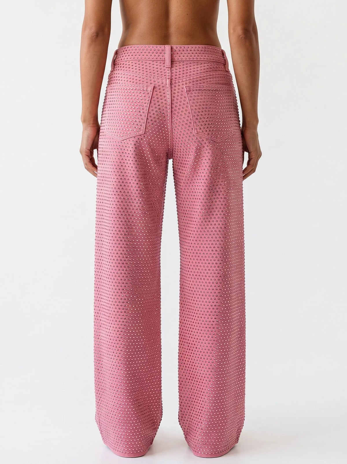 Low Rise Pink Crystal Embellished Wide Leg Jeans - Jeans & Pants