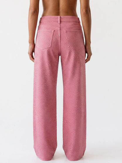 Low Rise Pink Crystal Embellished Wide Leg Jeans - Jeans & Pants