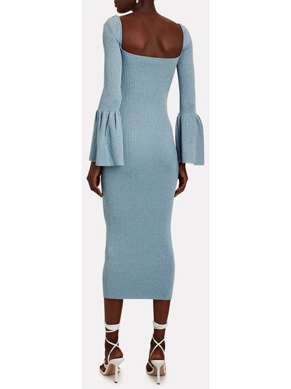 Lurex Flared-Cuff Knit Midi Dress, Light Blue - Branna Couture