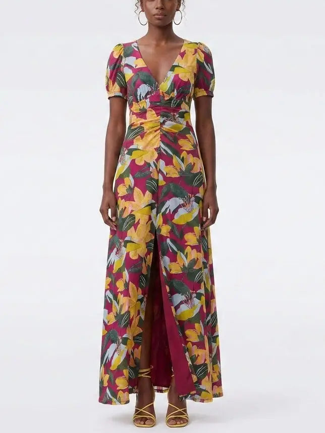 Magenta Tropical Floral Twist Front Mesh Maxi Dress - XS - Dresses