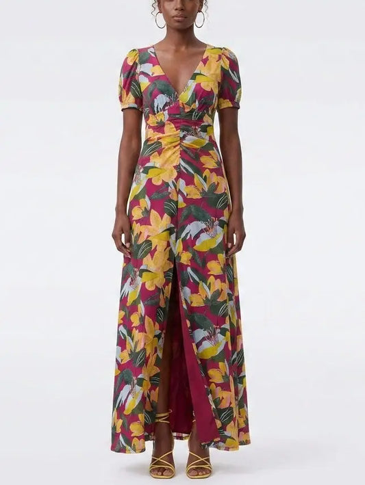 Magenta Tropical Floral Twist Front Mesh Maxi Dress - XS - Dresses