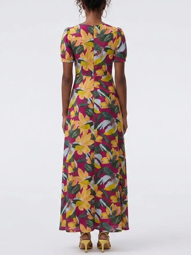 Magenta Tropical Floral Twist Front Mesh Maxi Dress - Dresses
