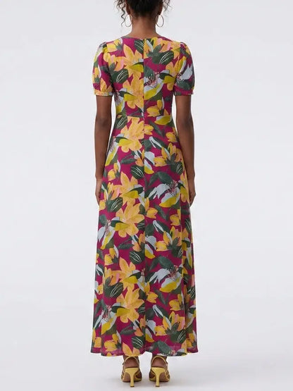 Magenta Tropical Floral Twist Front Mesh Maxi Dress - Dresses