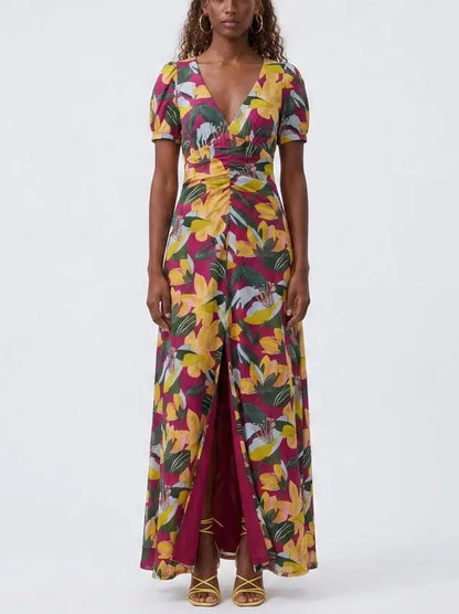 Magenta Tropical Floral Twist Front Mesh Maxi Dress - Dresses