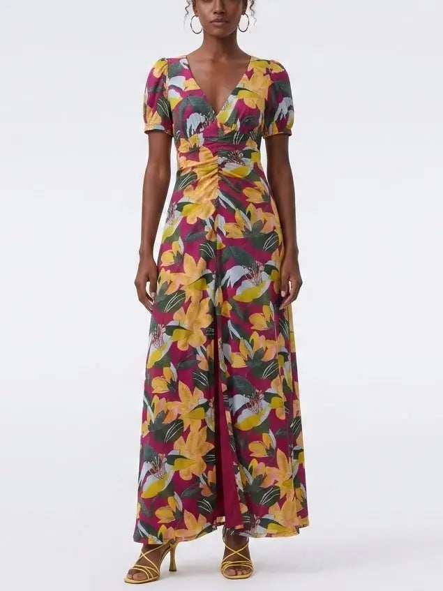 Magenta Tropical Floral Twist Front Mesh Maxi Dress - Dresses