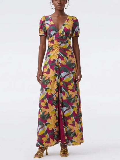 Magenta Tropical Floral Twist Front Mesh Maxi Dress - Dresses