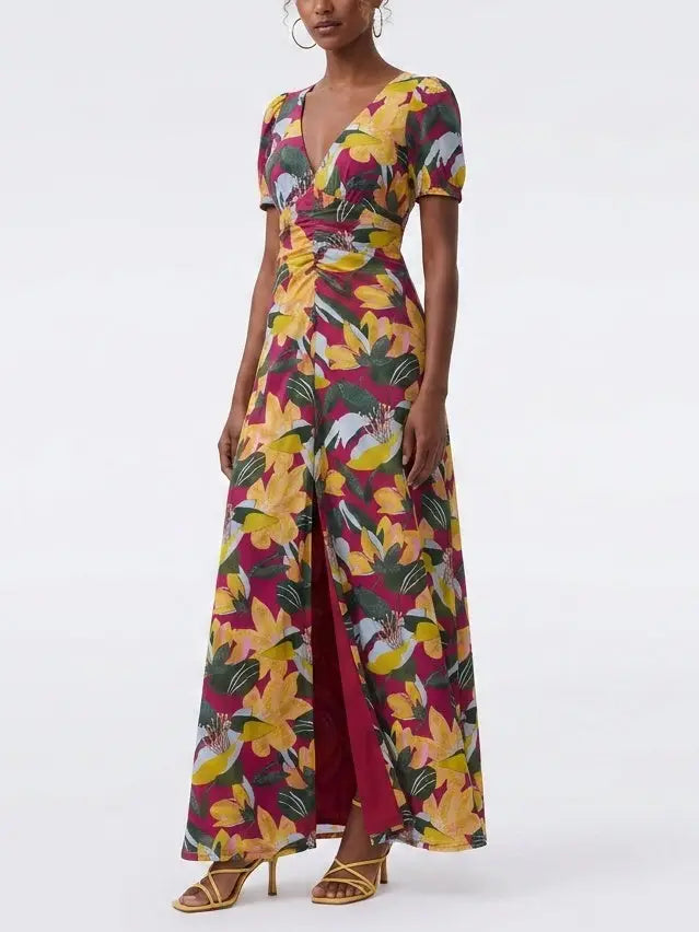 Magenta Tropical Floral Twist Front Mesh Maxi Dress - Dresses