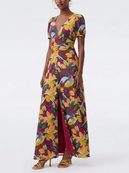 Magenta Tropical Floral Twist Front Mesh Maxi Dress - Dresses