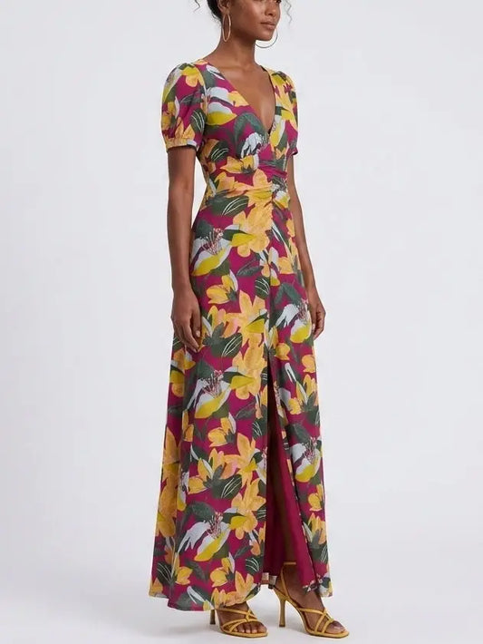 Magenta Tropical Floral Twist Front Mesh Maxi Dress - Dresses