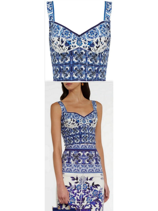 Majolica Blue and White Cotton Bustier Top - Branna Couture