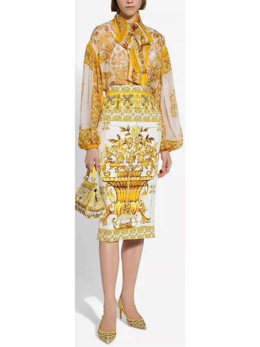 Majolica Chiffon Blouse and Skirt Set in Yellow and White - Branna Couture