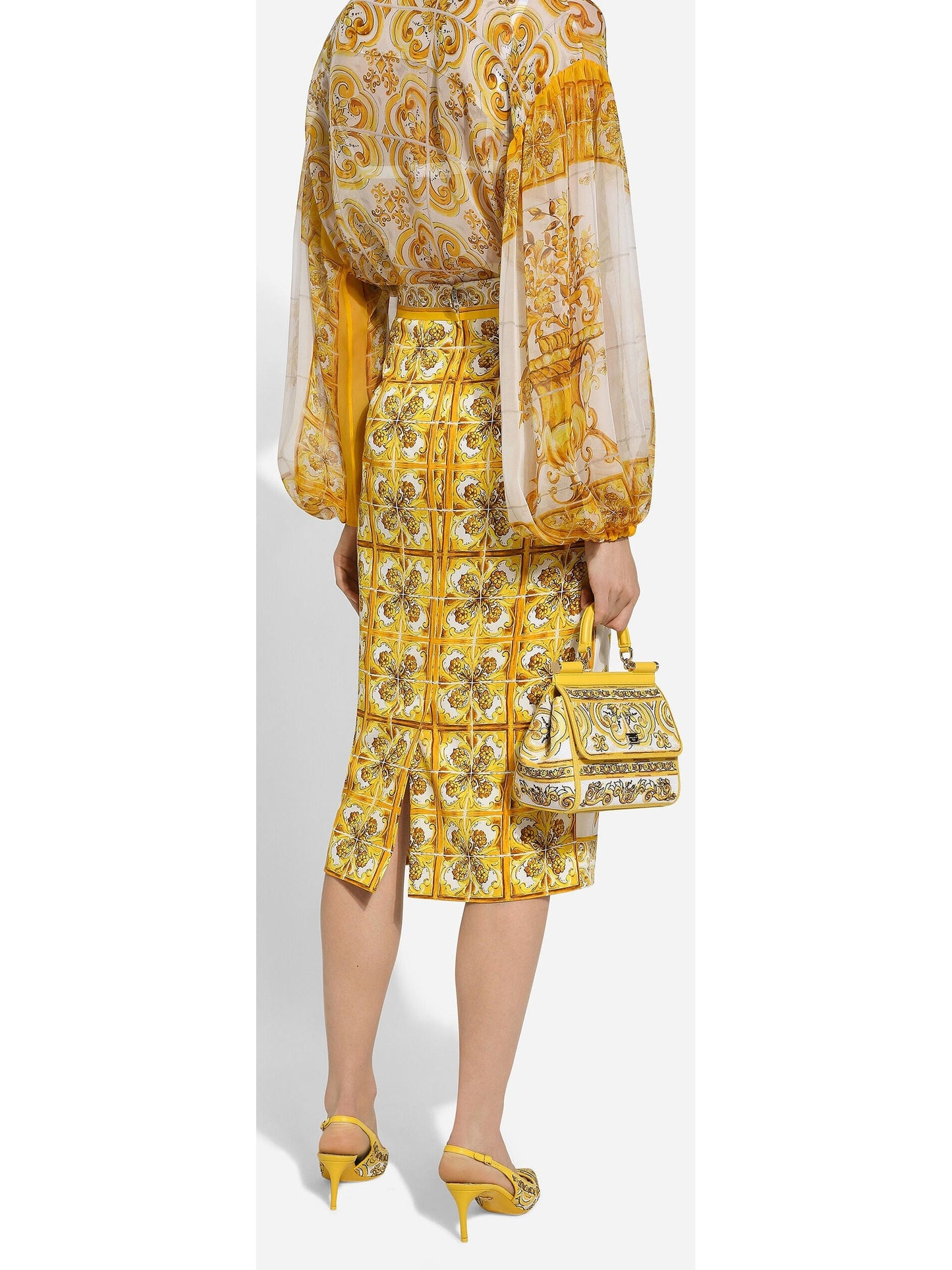 Majolica Chiffon Blouse and Skirt Set in Yellow and White - Branna Couture