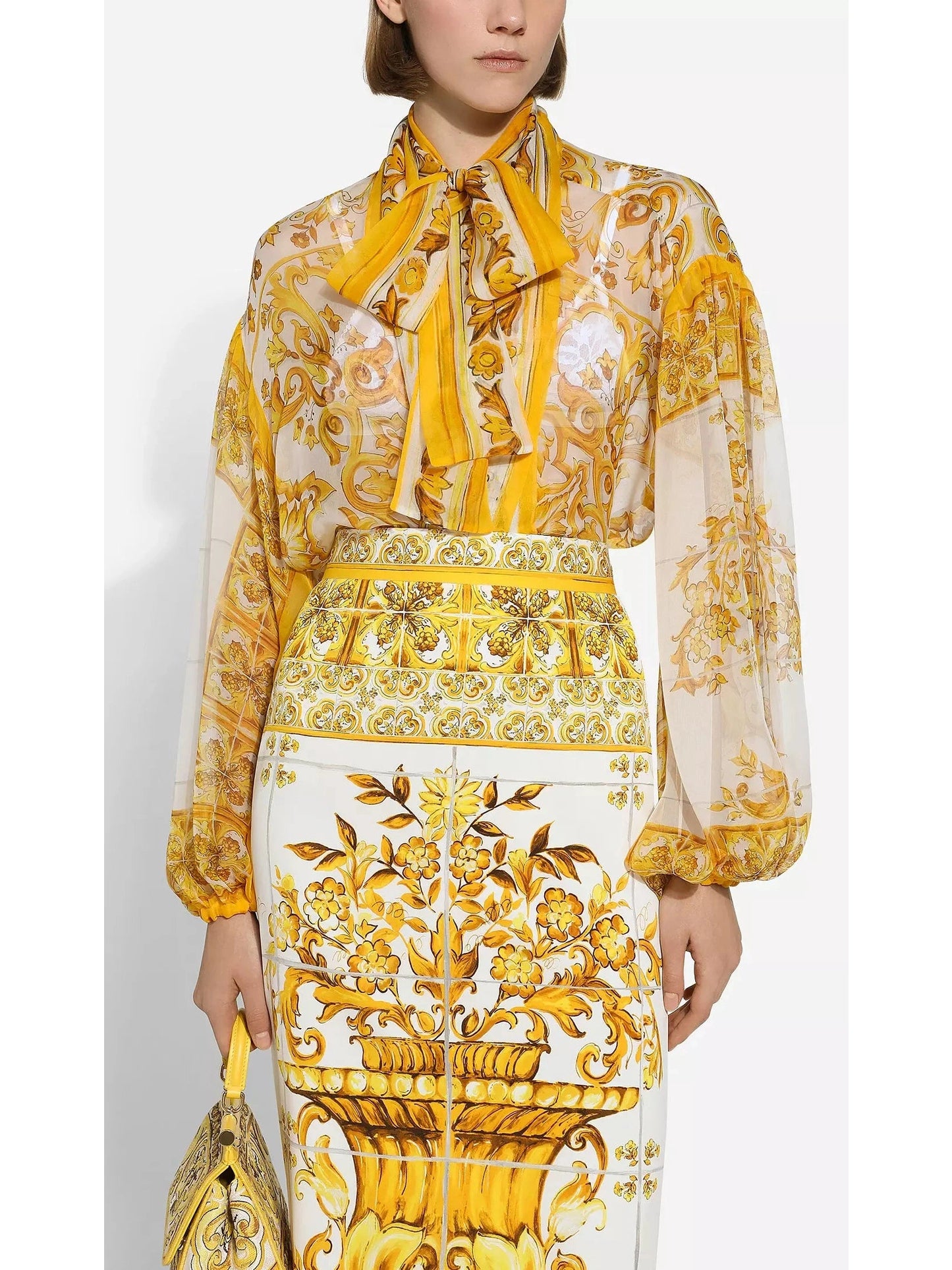 Majolica Chiffon Blouse and Skirt Set in Yellow and White - Branna Couture