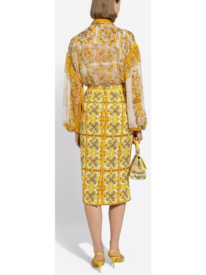 Majolica Chiffon Blouse and Skirt Set in Yellow and White - Branna Couture