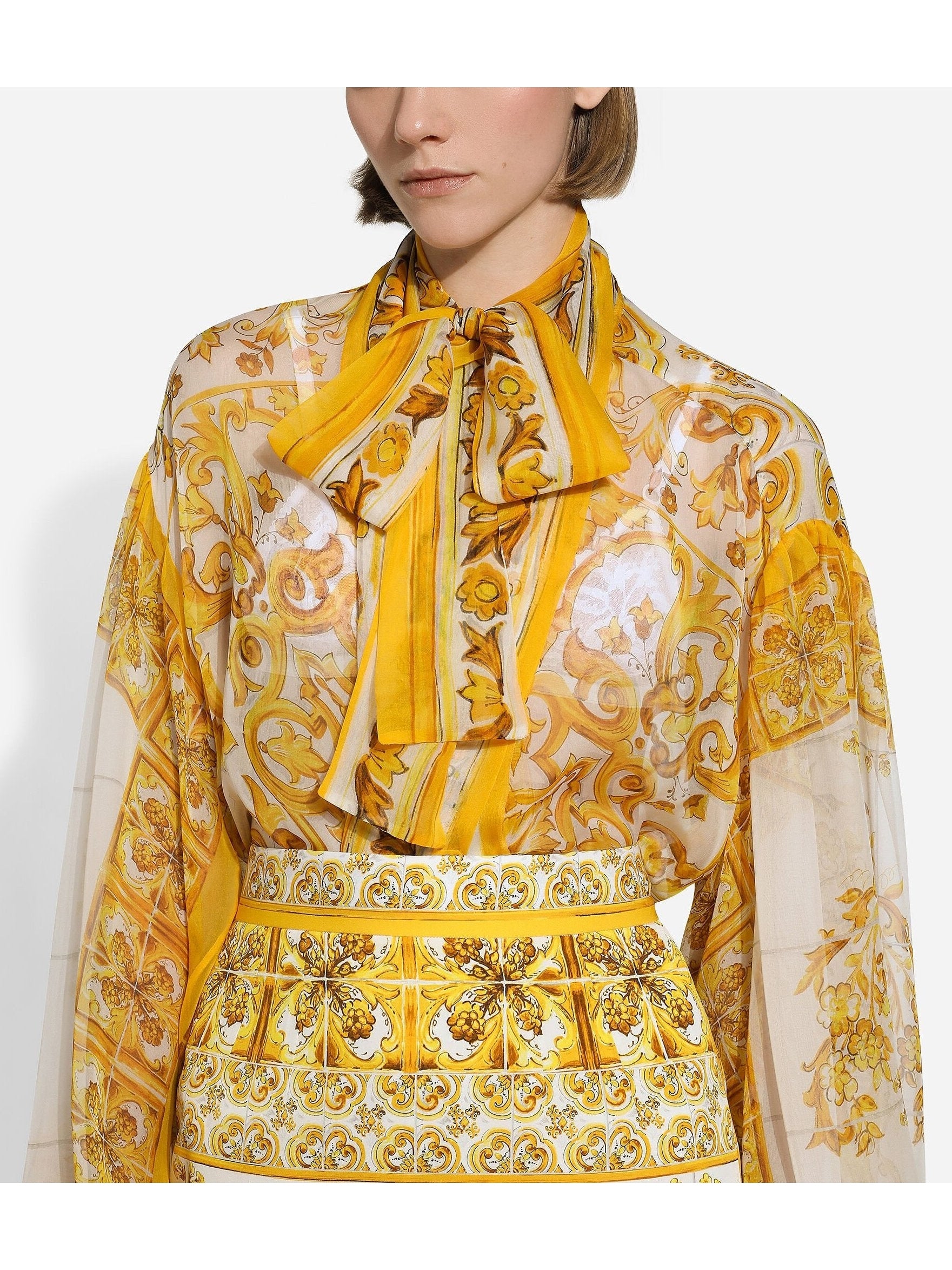 Majolica Chiffon Blouse and Skirt Set in Yellow and White - Branna Couture