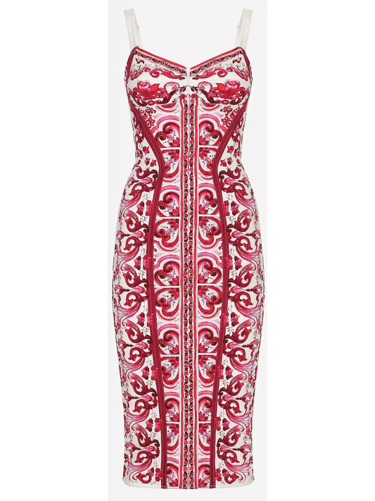 Majolica Italian Print Charmeuse Corset Dress in Red and White - Branna Couture