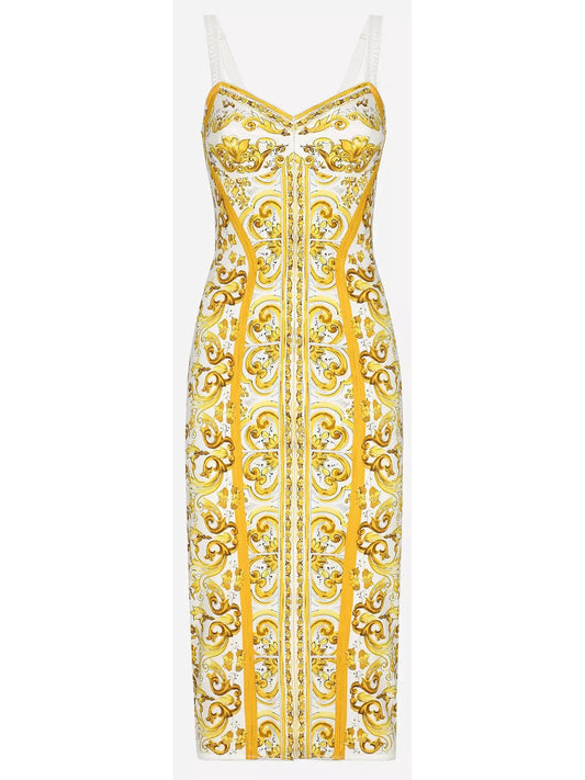 Majolica Italian Print Charmeuse Silk Corset Dress in Yellow and White - Branna Couture