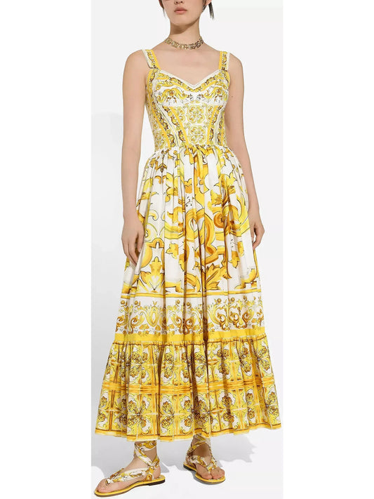 Majolica Italian Print Cotton Poplin Corset Calf-Length Dress - Branna Couture