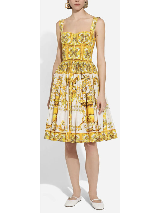 Majolica Italian Print Cotton Poplin Midi Corset Dress in Yellow and White - Branna Couture