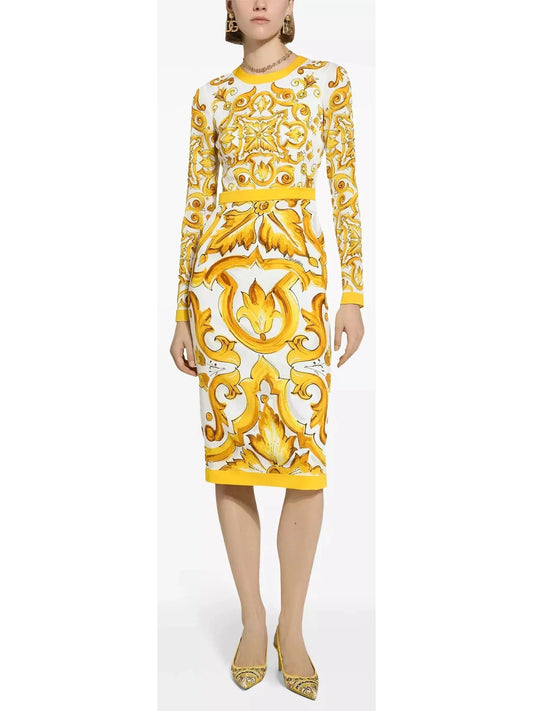 Majolica Italian Printed Charmeuse Silk Calf-Length Sheath Dress - Branna Couture