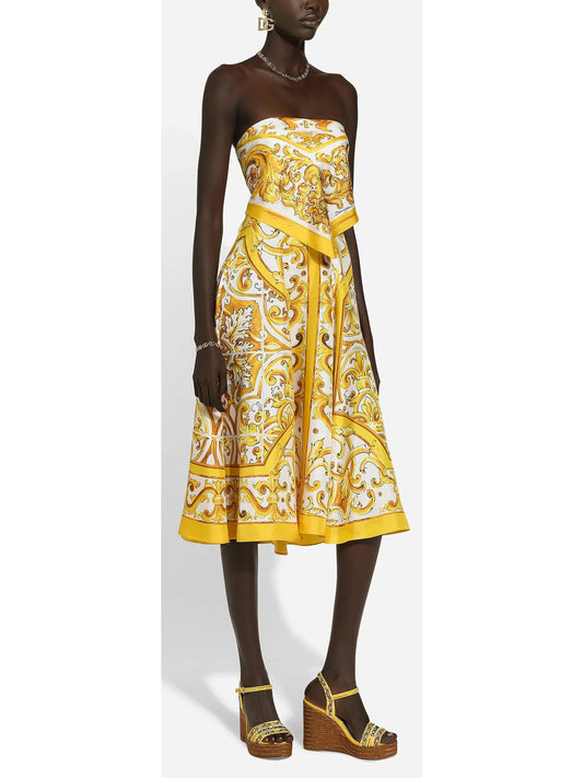 Majolica Italian Printed Strapless Printed Silk Charmeuse Dress in Yellow and White - Branna Couture