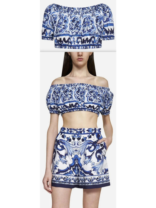 Majolica Off-Shoulder Cropped Top in Blue and White - Branna Couture