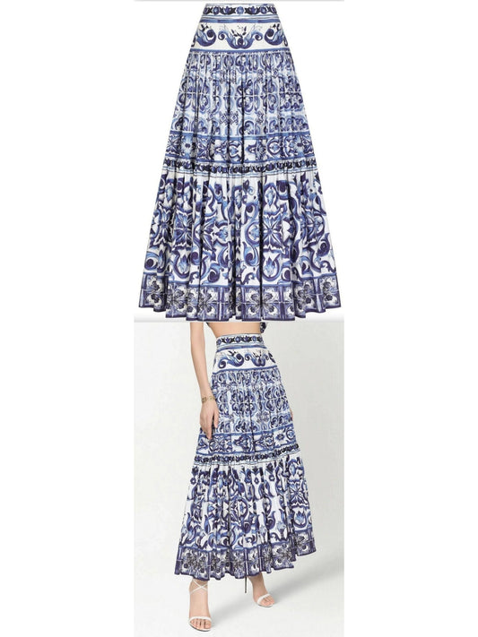 Majolica-Print A-Line Maxi Skirt - Branna Couture