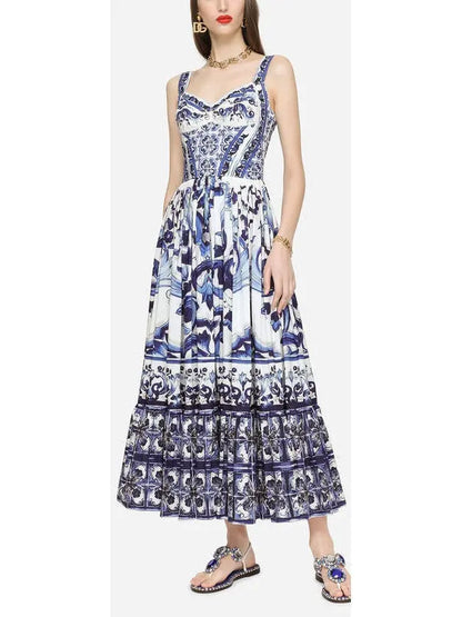 Majolica-Print Calf-Length Bustier Dress in Poplin - Branna Couture