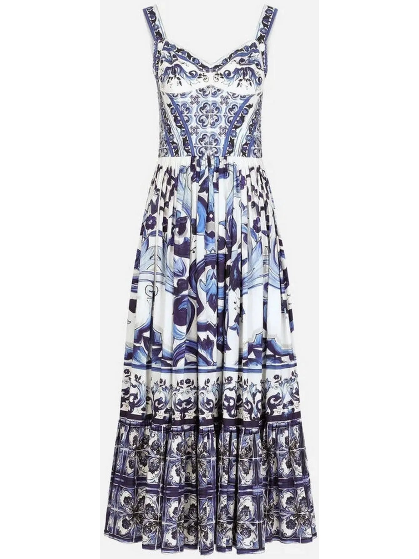 Majolica-Print Calf-Length Bustier Dress in Poplin - Branna Couture