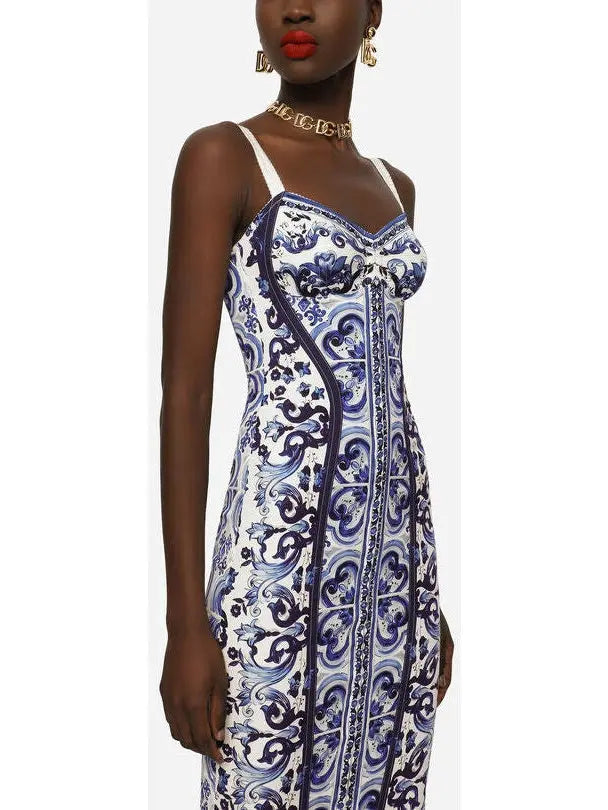 Majolica-Print Charmeuse Bustier Dress - Branna Couture