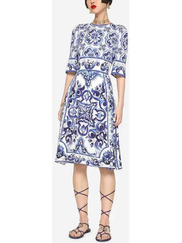 Majolica-Print Charmeuse Midi Dress - Branna Couture