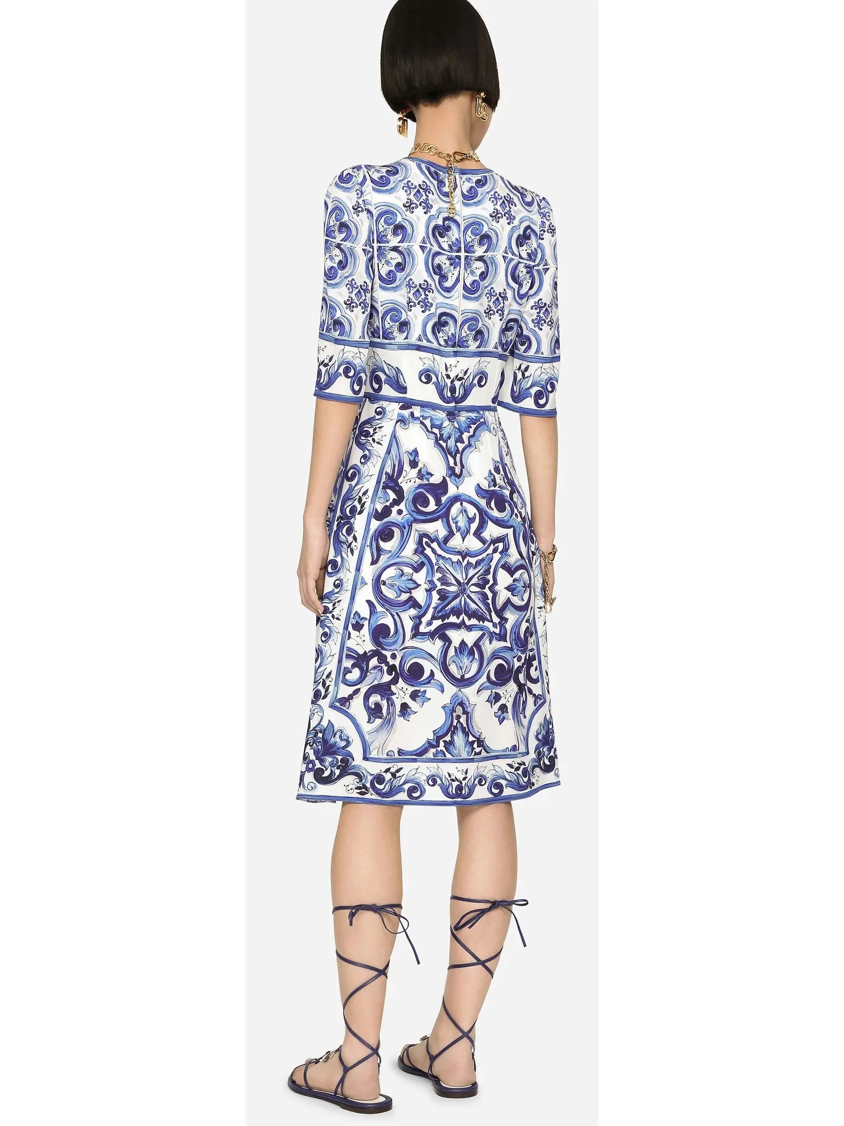 Majolica-Print Charmeuse Midi Dress - Branna Couture