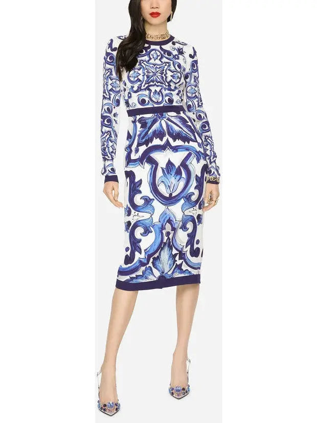 Majolica-Print Charmeuse Midi Dress - Branna Couture