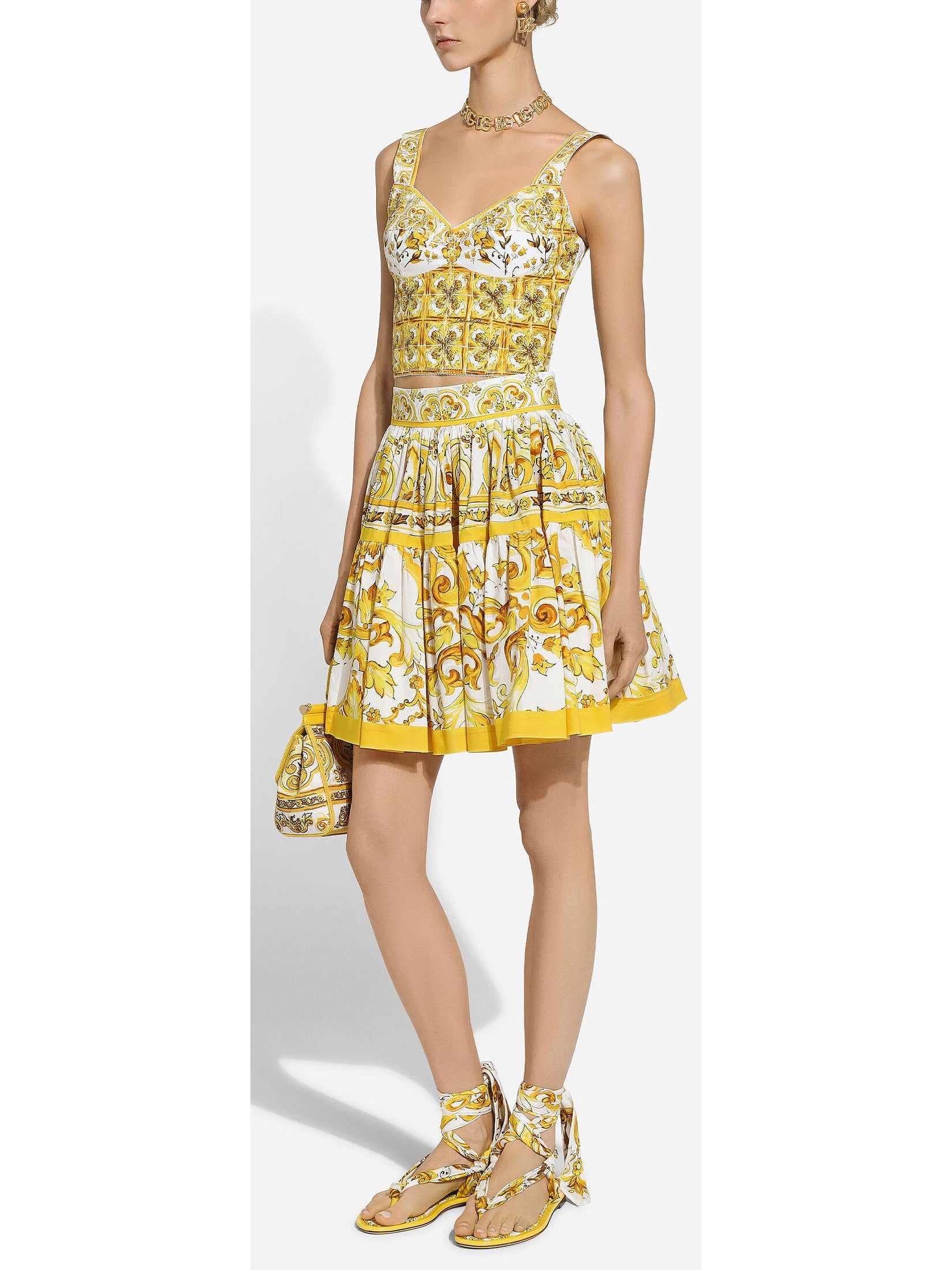 Majolica Print Corset Top and Skirt Set in Yellow and White - Branna Couture