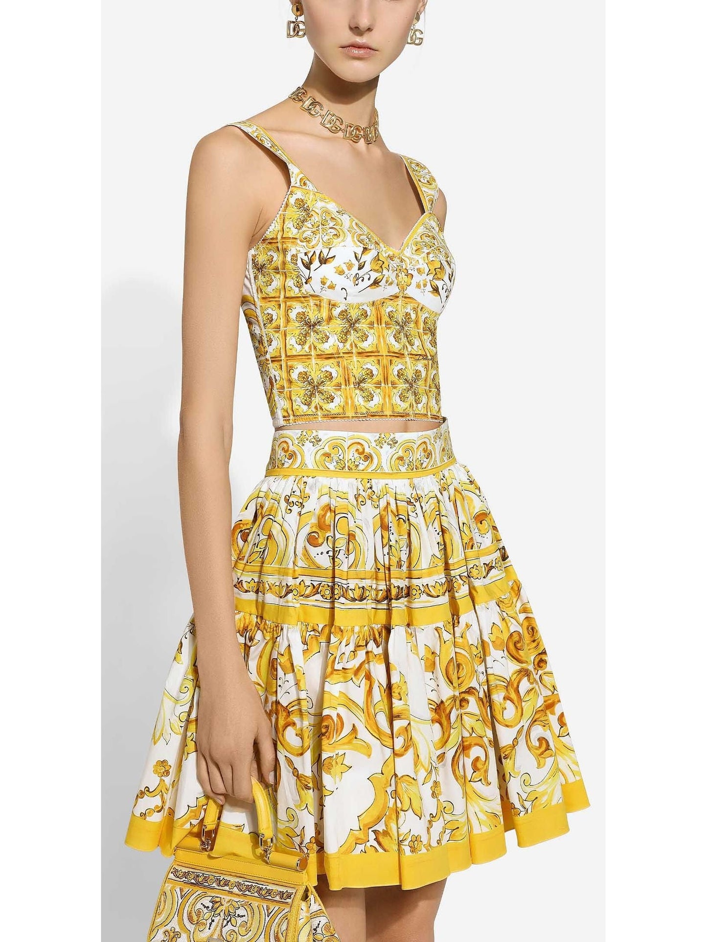 Majolica Print Corset Top and Skirt Set in Yellow and White - Branna Couture