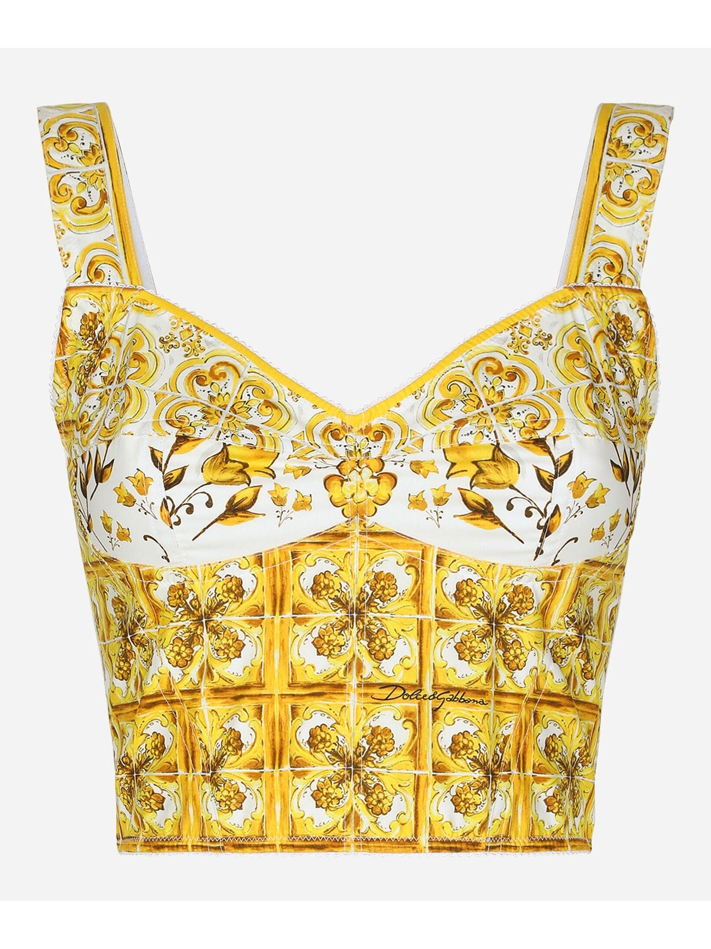 Majolica Print Corset Top and Skirt Set in Yellow and White - Branna Couture