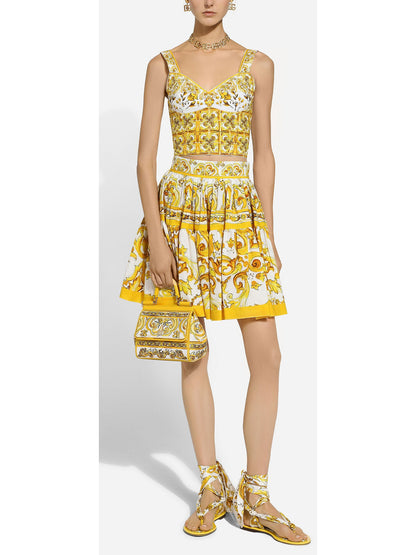 Majolica Print Corset Top and Skirt Set in Yellow and White - Branna Couture