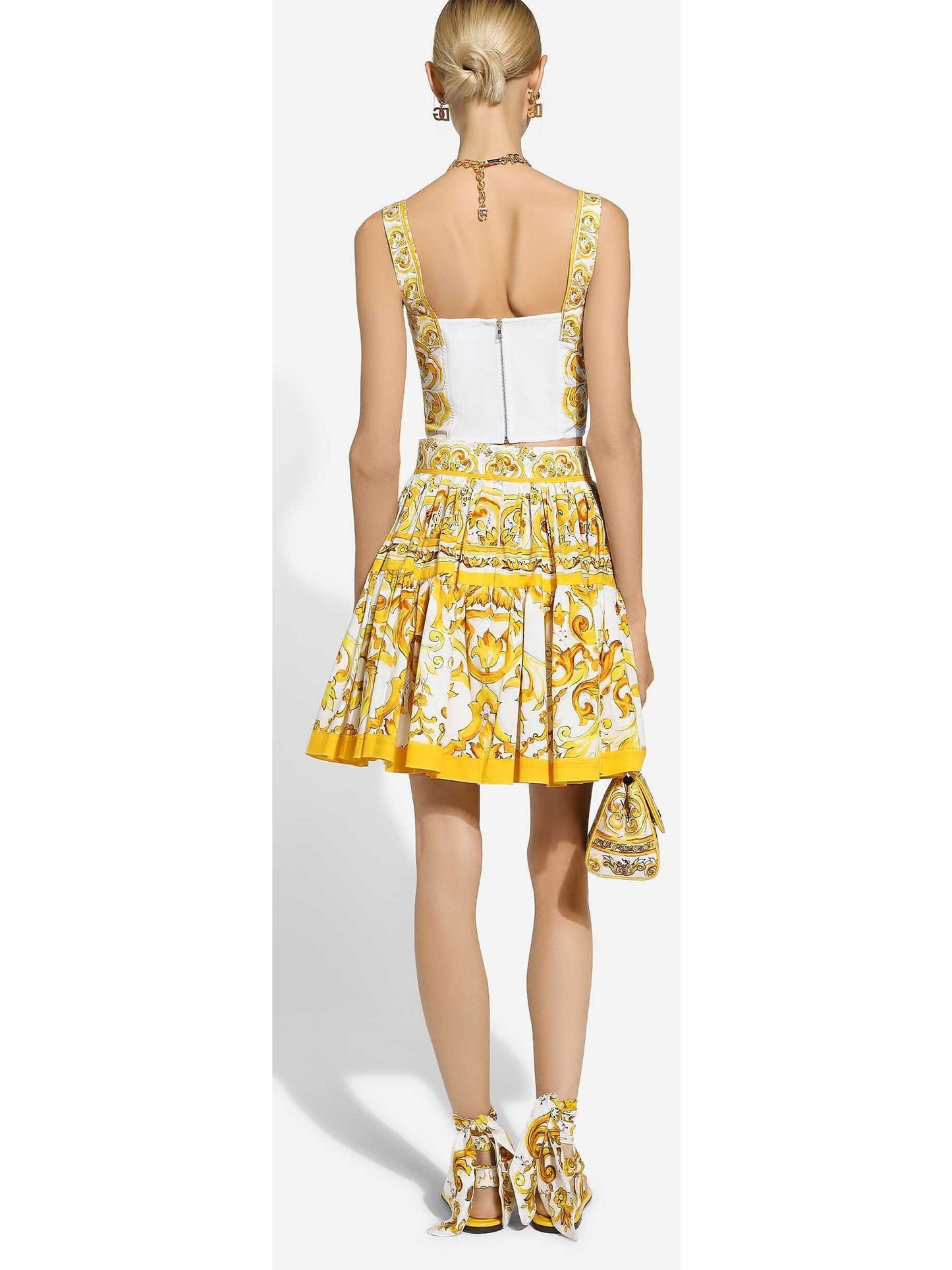 Majolica Print Corset Top and Skirt Set in Yellow and White - Branna Couture