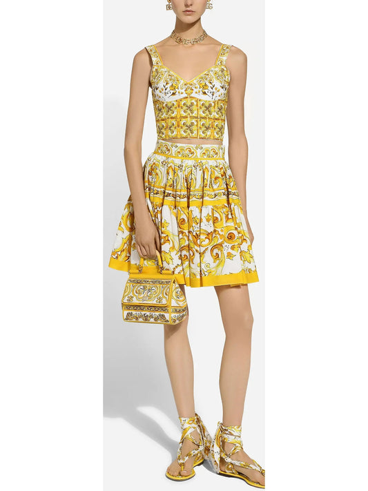 Majolica Print Corset Top and Skirt Set in Yellow and White - Branna Couture