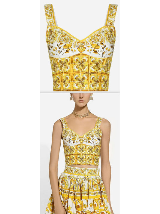 Majolica Print Cotton Corset Top in Yellow and White - Branna Couture