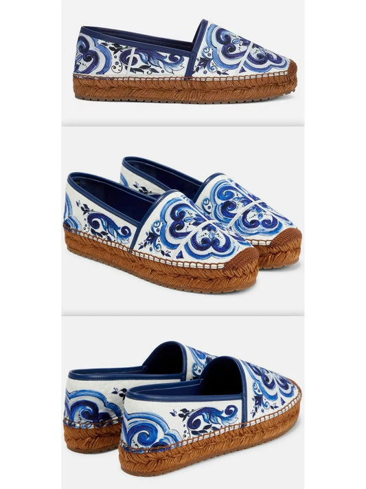 Majolica-Print Cotton Espadrilles in Blue and White - Branna Couture