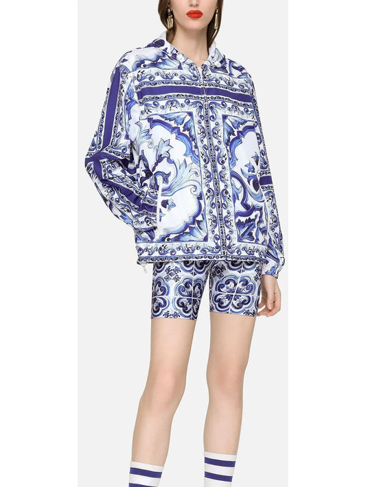 Majolica-Print Light Jacket in Blue and White - Branna Couture