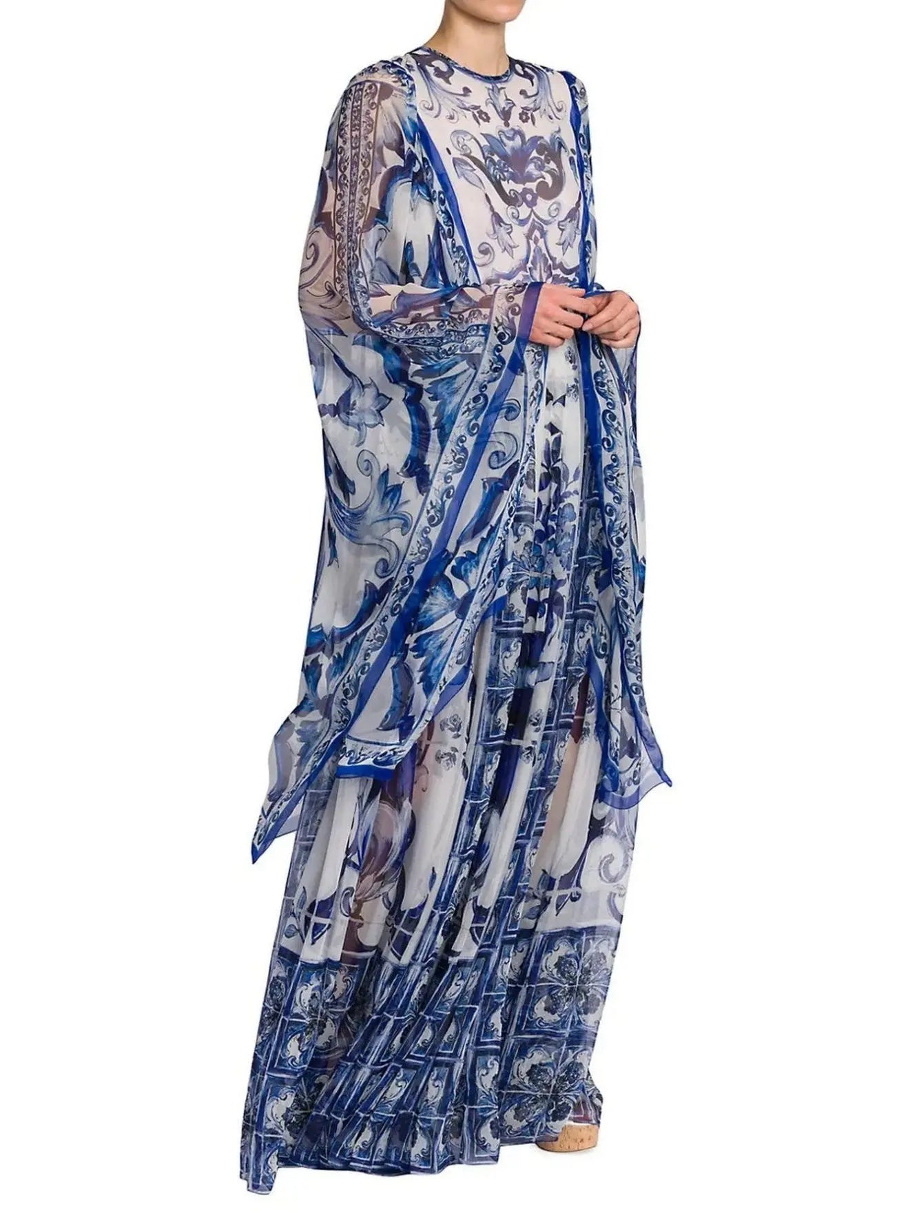 Majolica-Print Long Chiffon Dress - Branna Couture