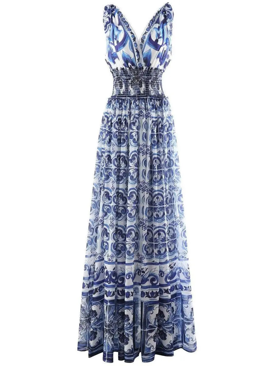 Majolica-Print Long Poplin Dress - Branna Couture