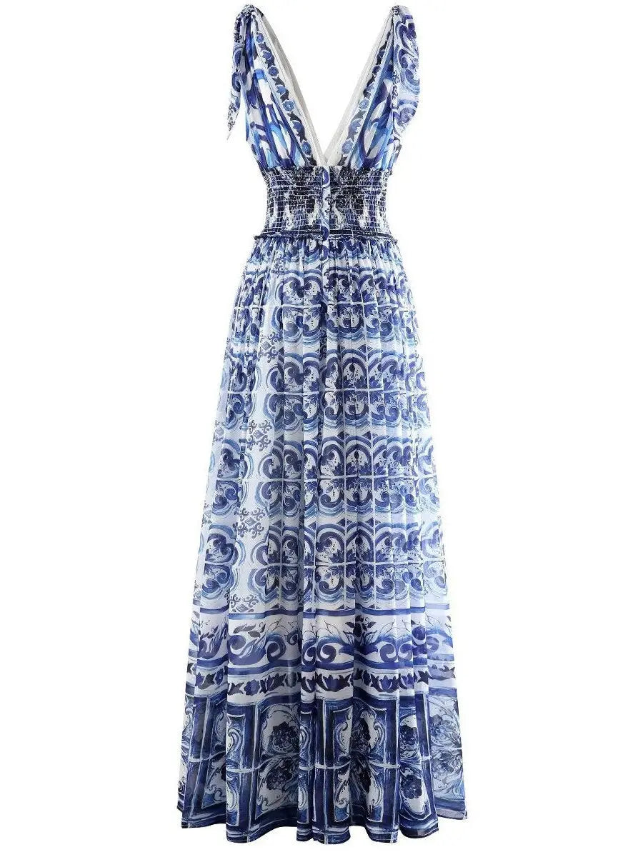 Majolica-Print Long Poplin Dress - Branna Couture