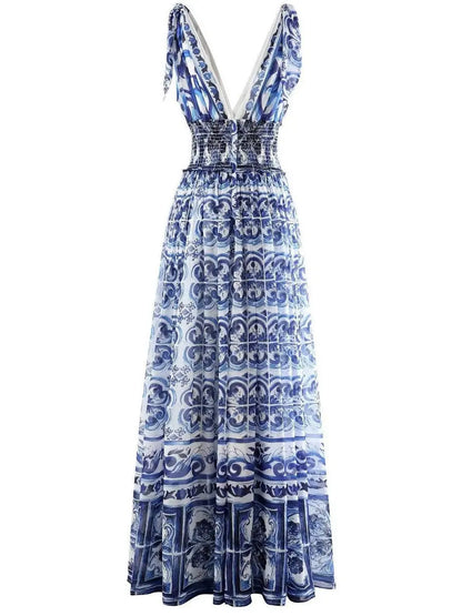 Majolica-Print Long Poplin Dress - Branna Couture